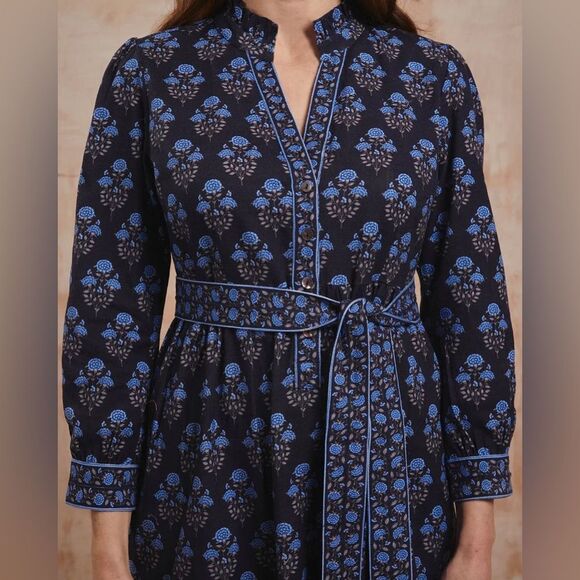 Pink City Prints Navy Dusk Buta Kerala Button Down Dress, Size Medium - Picture 5 of 16